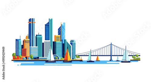 Vibrant city skyline with modern skyscrapers and bridge.