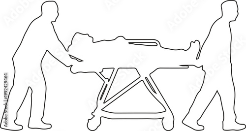 Medical Emergency Team Pushing Patient on Stretcher Line Art Illustration