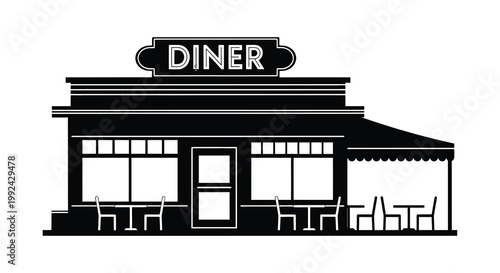 Simple black and white illustration of a classic american diner building
