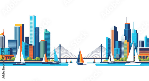 Vibrant city skyline with sailboats.