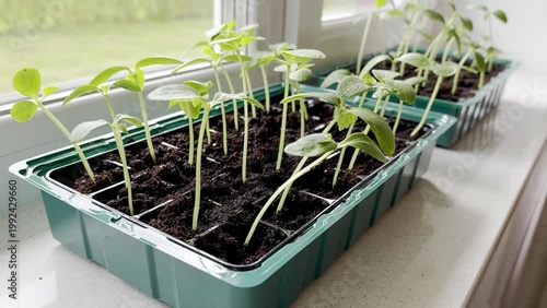 Green seedlings growing in plastic trays on a windowsill, showcasing their development with rich soil and natural light illuminating the vibrant leaves