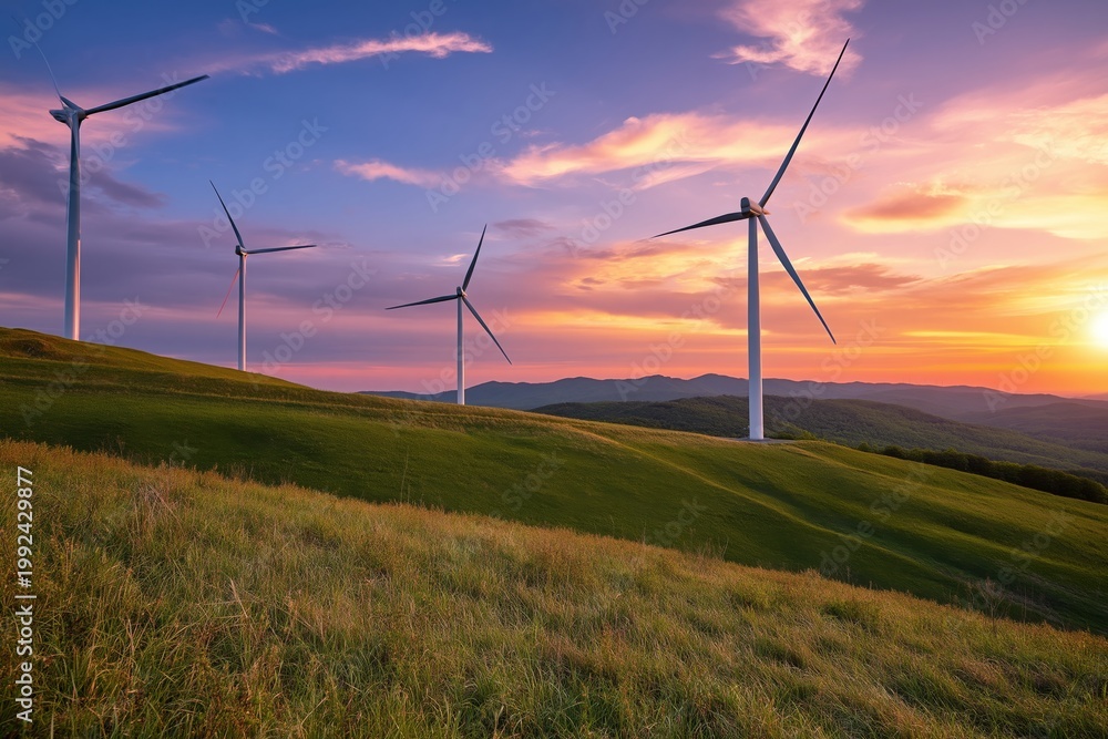 Obraz premium Wind Turbines Stand on Hills During Sunset With Colorful Clouds in the Sky
