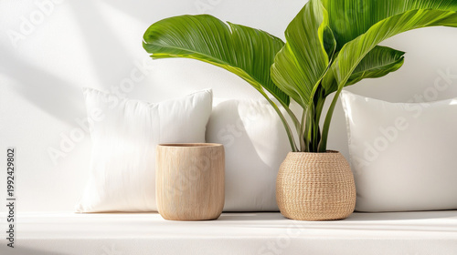 Outdoor lounging area offering a comfortable white daybed with cushions and natural decor, providing a serene escape in a tropical setting with palm trees and ocean views