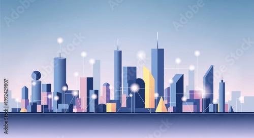 A vibrant city skyline at dusk with colorful buildings and bright lights.