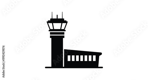 A stark black silhouette of an airport control tower structure