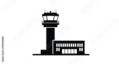 A stark black silhouette of an airport control tower and building