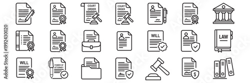 Legal documents icon set. Editable line icons. Vector illustration . Law and justice outline icon set with black line legal symbols for web and app vector illustration . 
