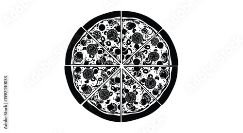 A black and white illustration of a pizza cut into eight slices