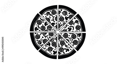 A black and white illustration of a pizza cut into eight slices