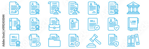 Legal documents icon set. Editable line icons. Vector illustration . Law and justice outline icon set with black line legal symbols for web and app vector illustration . 