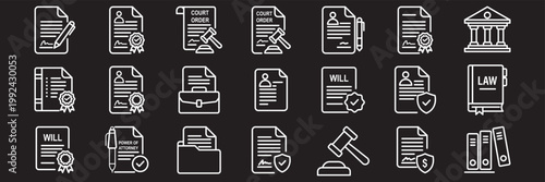 Legal documents icon set. Editable line icons. Vector illustration . Law and justice outline icon set with black line legal symbols for web and app vector illustration . 