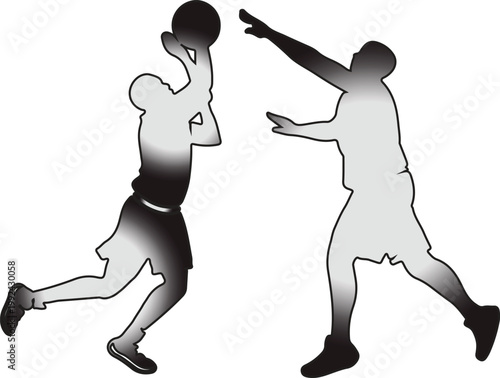 Basketball players silhouette, shooting and defending, vector illustration