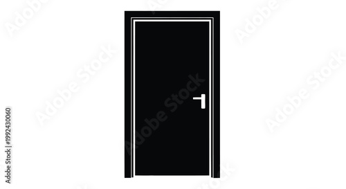 A stark black door with a silver handle against a white background