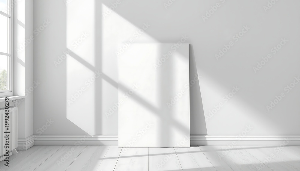 Fototapeta premium A blank white canvas frame leaning casually against a pristine white wall in a bright, sunlit room.