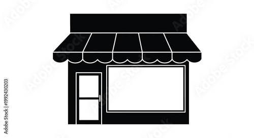 Simple black and white illustration of a shopfront with awning