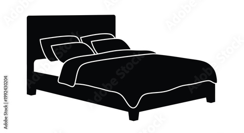 Simple black silhouette of a bed with pillows and bedding