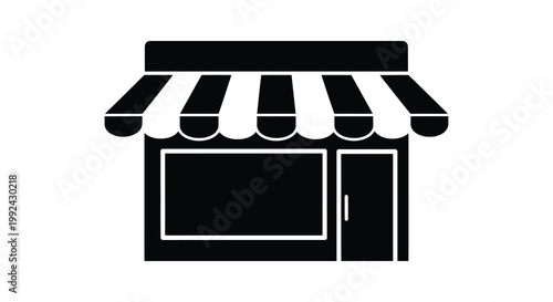 Simple black and white illustration of a storefront with an awning
