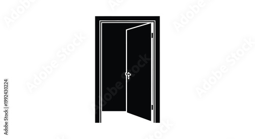 A simple black and white illustration of an open doorway against a white background