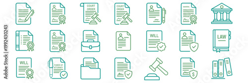 Legal Document Outline Icon Set, Law Contract File Collection, Business Certificate Stamp Gavel Vector Icons, Thin Line Illustration Isolated on White Background . 