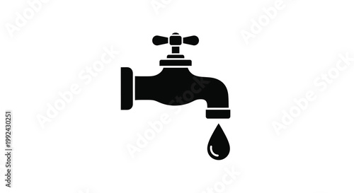 Simple black silhouette of a water faucet with a single droplet