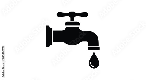 Simple black silhouette of a water faucet with a single falling drop
