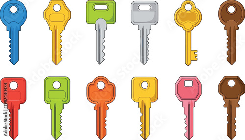 Colorful key collection with different shapes and designs, house and security access symbols, modern flat style vector illustration set isolated on background