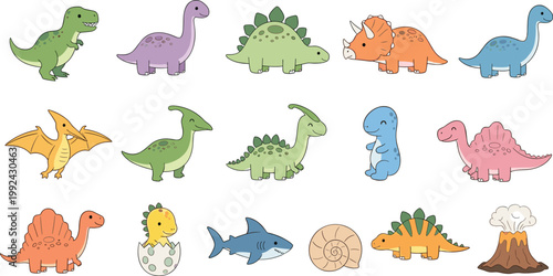 Cute dinosaur vector set with various prehistoric animals, cartoon dino characters including stegosaurus, triceratops and pterodactyl, colorful illustration collection for kids design