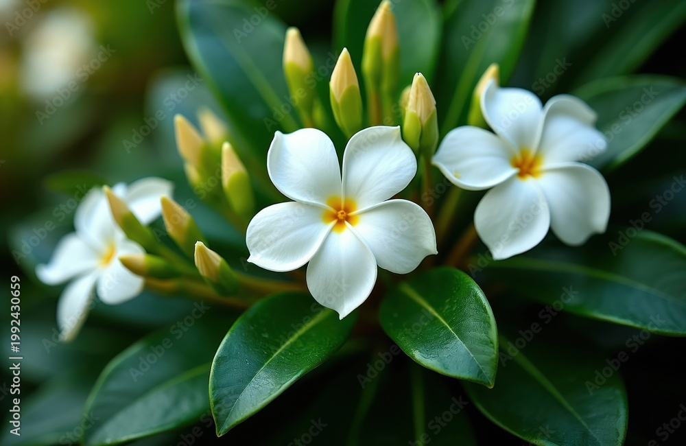 Fototapeta premium White gardenia flowers with yellow centers bloom on rich green plant. Buds tightly closed, waiting to open. Glossy dark leaves surround delicate petals, suggesting growth, natural beauty in garden