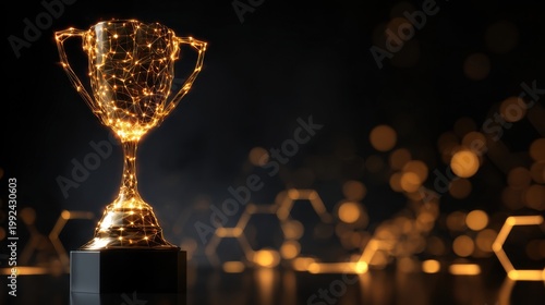 Digital glowing golden trophy cup with network connection nodes