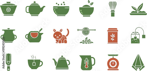 Collection of tea related items and accessories in a whimsical illustration style Vector