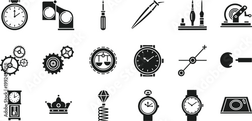 Collection of vintage and mechanical timekeeping and horology tools icons Vector
