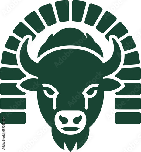 Bison head logo with symmetric horns and a brick arch frame in a minimalist dark green vector graphic style