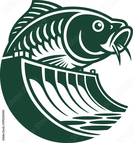 Carp fish jumping over a concrete river dam wall mascot emblem in a dark green monochrome vector graphic style