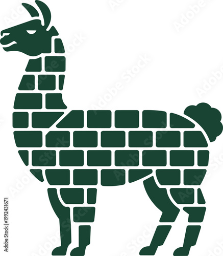 Llama silhouette featuring a dark green brick wall pattern inside the animal body as a flat vector graphic