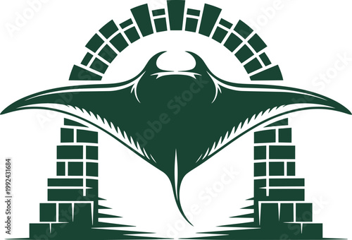 Majestic manta ray swimming gracefully through an ancient stylized brick archway, a detailed vector with brick