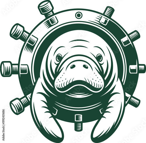 Manatee marine animal head and 2 flippers emerging from a round vintage ship's steering wheel vector