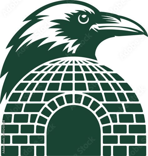 Raven bird mascot head perched on top of a traditional arctic igloo ice house vector in dark green flat