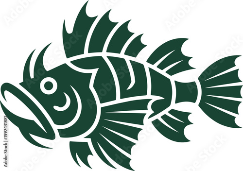 Stylized aggressive fish vector art with open mouth and prominent spiky fins in a deep forest green color