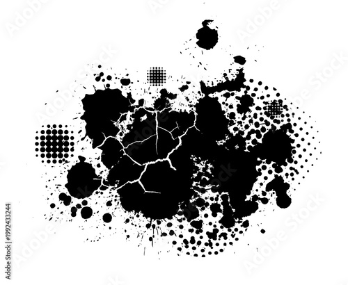 Splatter Paint Texture with cracks, dots, and halftone. Black Spray Blot of Ink. Place illustration Over any Object to Create Grungy Effect . hand drawn. Not AI, Vector