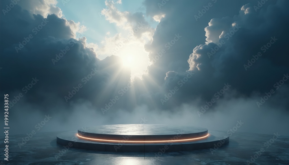 Fototapeta premium Round podium with glowing edge sits on wet surface. Dramatic clouds and sun rays fill the background sky. Use for product launch or event announcement.