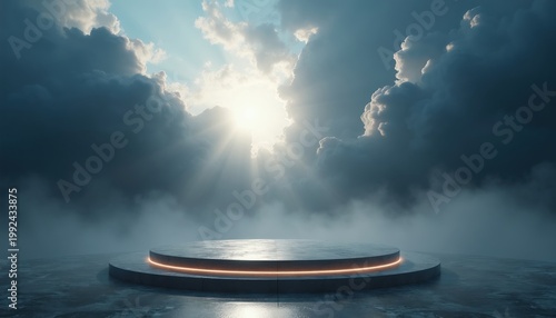 Round podium with glowing edge sits on wet surface. Dramatic clouds and sun rays fill the background sky. Use for product launch or event announcement.