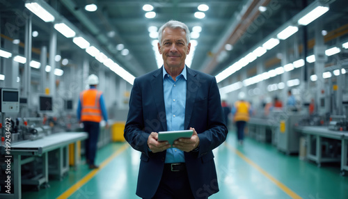 Mature man in suit holds tablet, walks through modern factory floor. Employees work on assembly line in background. Manager checks production.