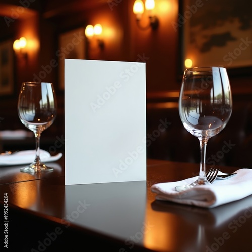 Restaurant table setting with blank menu card. Two wine glasses and cutlery await diners in elegant dining room. Cozy warm ambiance perfect for menu design mockup.