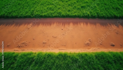Aerial view of baseball infield dirt and green grass. Texture pattern shows lines from above in natural light. Sport field background, empty diamond for game.