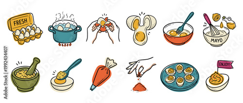 Deviled eggs recipe instruction icons set showing the step-by-step cooking process from boiling to serving, illustrated in a colorful hand-drawn doodle style for a culinary guide