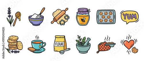 Collection of colorful hand-drawn baking icons featuring cookies, honey, lavender, flour, and kitchen utensils in a cute doodle style for culinary and recipe concepts