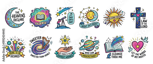 Vibrant set of twelve Christian illustrations based on scripture, depicting celestial motifs like the sun, moon, and stars alongside spiritual symbols in a charming doodle art style