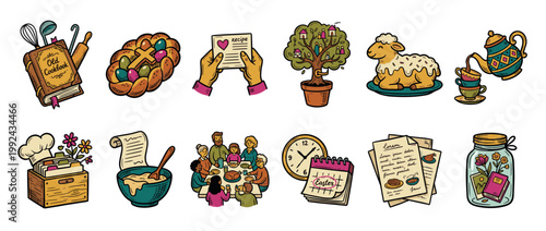 Collection of hand-drawn Easter icons featuring a family dinner, traditional bread, a lamb cake, and a cookbook in a colorful, nostalgic doodle style for spring holiday celebrations