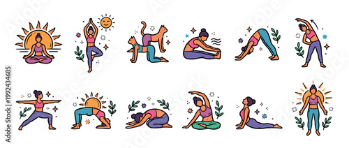 Set of twelve colorful doodle-style illustrations of a woman practicing different yoga asanas and stretching exercises for health, balance, and mindfulness in a cartoon icon collection