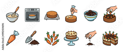 Set of colorful cartoon illustrations showing the step-by-step process of baking and decorating a delicious homemade carrot cake from mixing the batter to the final slice